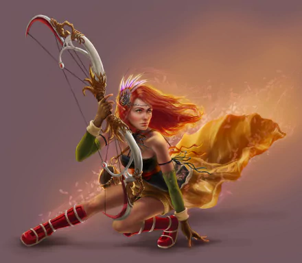 A redheaded fantasy archer with a bow and arrow, captured in dynamic motion against a warm, glowing background, rendered in high-definition for PC wallpaper.