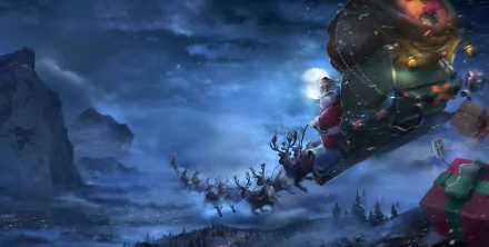 HD PC desktop wallpaper depicting Santa riding a sleigh pulled by reindeer across a snowy night sky, evoking the spirit of Christmas and the holiday season.