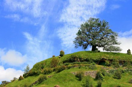HD PC desktop wallpaper of Hobbiton’s man-made hillside: grassy knoll with round-door hobbit holes, stone terraces and a lone oak beneath a bright blue sky.