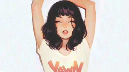 Anime original with short purple hair, eyes closed, stretching arms above head, wearing a YAWN tee — HD PC desktop wallpaper and background with soft pastel tones.