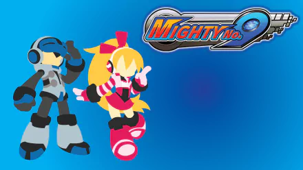 HD desktop wallpaper featuring characters from Mighty No. 9 game with a vibrant blue background.