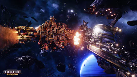 HD wallpaper from Battlefleet Gothic: Armada depicting a dramatic space battle with detailed spaceships and explosions.