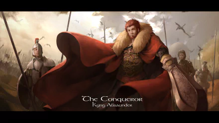 A stunning HD wallpaper featuring Rider from Fate/Zero, depicted as King Alexander, adorned in a fur-lined cloak, surrounded by a medieval battlefield atmosphere.