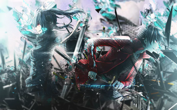 An HD wallpaper featuring Shintaro Kisaragi and Takane 'Ene' Enomoto from the Kagerou Project, showcasing dynamic action amidst a colorful, fragmented background.