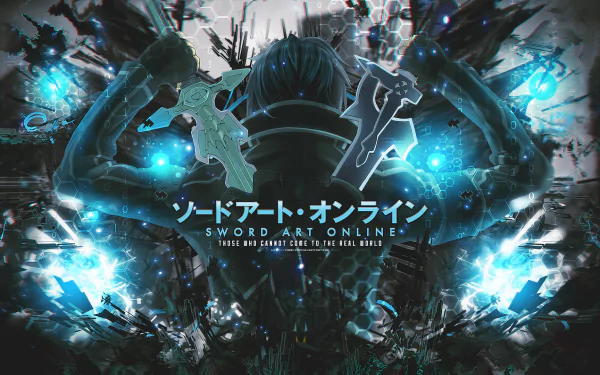 A striking HD wallpaper featuring Kazuto Kirigaya from the anime Sword Art Online, set against a dynamic, blue-lit background with bold text in Japanese and English.
