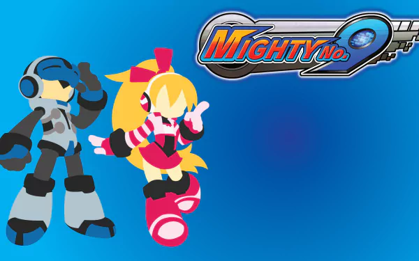 HD desktop wallpaper featuring characters from Mighty No. 9 game with a vibrant blue background.