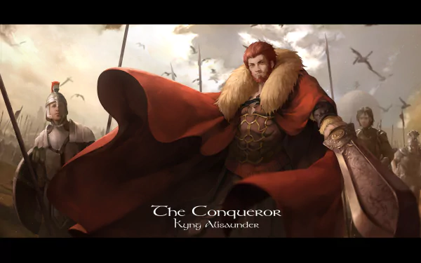 A stunning HD wallpaper featuring Rider from Fate/Zero, depicted as King Alexander, adorned in a fur-lined cloak, surrounded by a medieval battlefield atmosphere.
