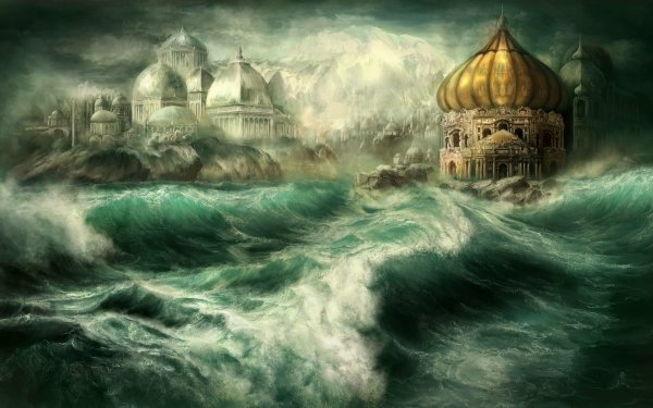 Artistic Fantasy Ocean City Building Wave HD Wallpaper | Background Image