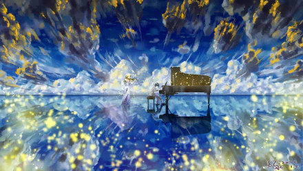 HD desktop wallpaper featuring the anime characters Kousei Arima and Kaori Miyazono from Your Lie in April, set against a backdrop of clouds, ocean reflections, and shimmering lights.