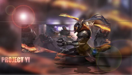 HD PC desktop wallpaper featuring Master Yi from League of Legends in an action pose within a futuristic battle scene.