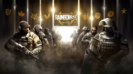 HD wallpaper featuring characters from Tom Clancy's Rainbow Six: Siege, standing ready for action against a dramatic, foggy background. Game logos and symbols are visible at the top.