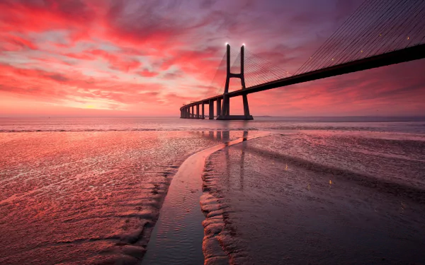 Vibrant pink sunset over the ocean horizon featuring Portugal’s Vasco da Gama Bridge, with calm water reflecting the dramatic sky in this HD desktop wallpaper.