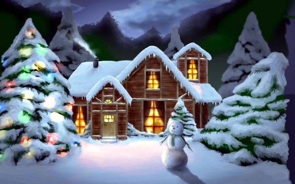 Artistic Winter Cottage Snowman Snow Christmas HD Wallpaper | Background Image
