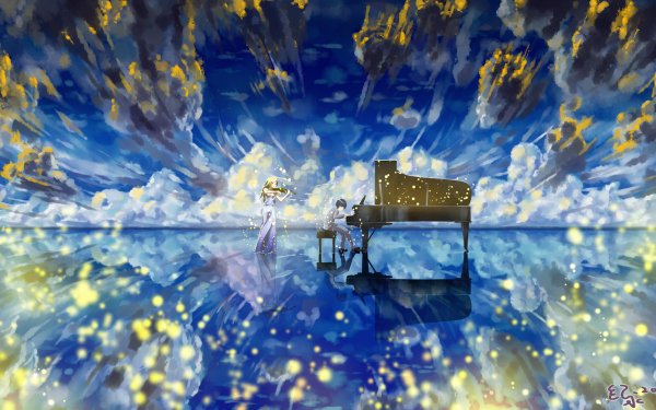 Anime Your Lie in April Kaori Miyazono Kousei Arima Ocean Cloud Reflection HD Wallpaper | Background Image