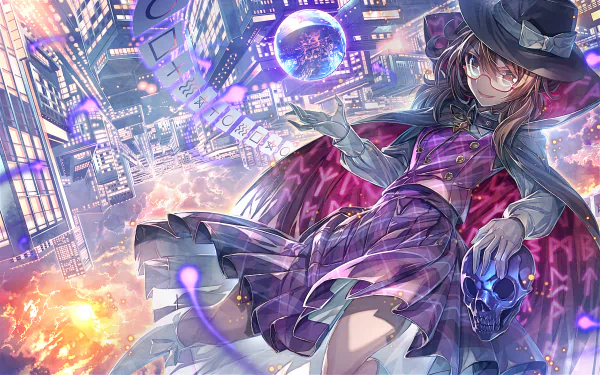 Sumireko Usami, a character from Touhou, is depicted wearing a cape and glasses, with a skull in her hand, set against a vibrant cityscape, creating a captivating anime-style wallpaper.