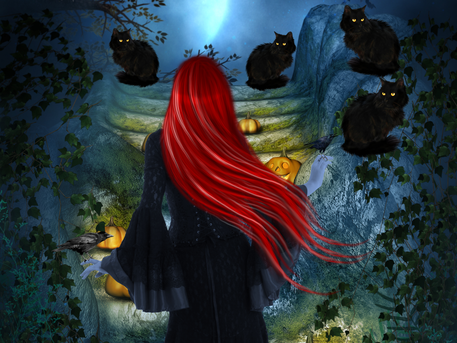 A witch with long red hair stands amidst pumpkins and ivy, surrounded by four black cats, as a raven perches nearby in a mystical, fantasy-themed scene.