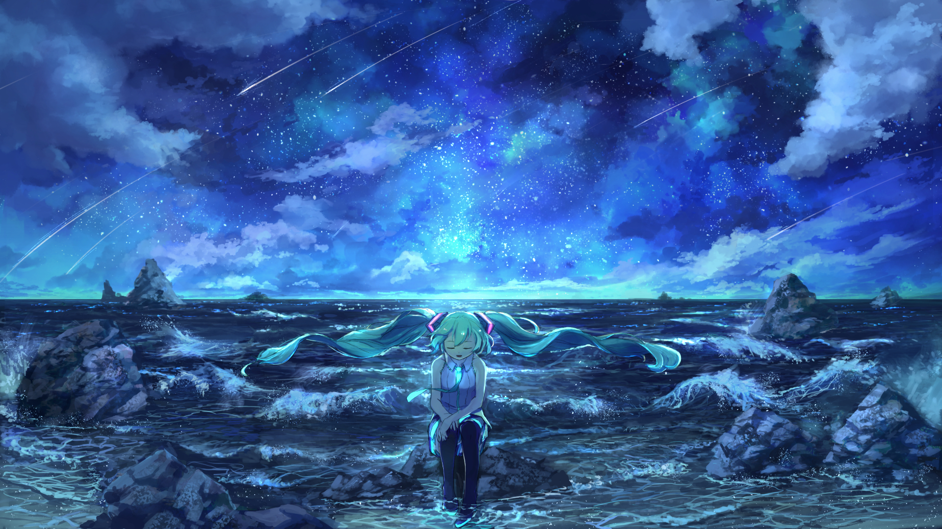 A stunning HD PC wallpaper featuring Hatsune Miku, surrounded by a vibrant blue ocean under a starry night sky, capturing the beauty of this beloved anime Vocaloid character.