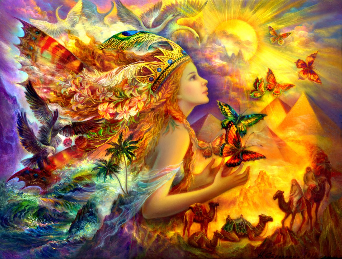A vibrant HD PC desktop wallpaper featuring a fantasy scene with a colorful woman surrounded by butterflies and nature elements in radiant hues.