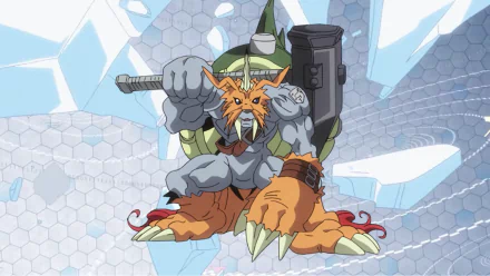HD anime desktop wallpaper featuring a powerful Digimon character from Digimon Adventure Tri in a dynamic pose against a futuristic icy hexagonal background.