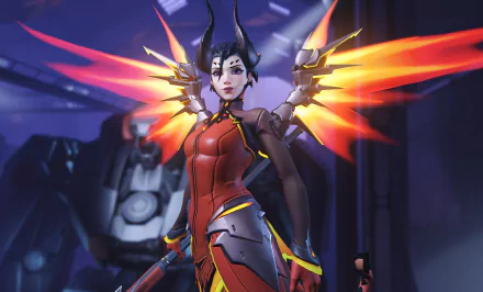HD PC desktop wallpaper featuring Mercy from the video game Overwatch, showcasing her in a vibrant, fiery armor with glowing wings.