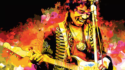 Vibrant HD desktop wallpaper featuring a colorful, artistic rendition of Jimi Hendrix playing guitar with dynamic hues and musical energy.