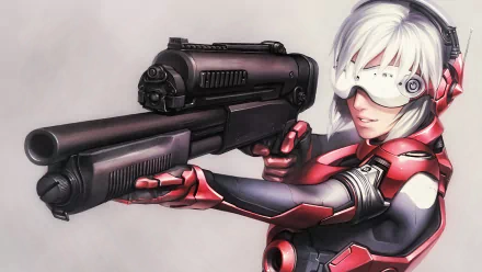 HD PC desktop wallpaper featuring a sci-fi woman warrior in futuristic armor aiming a large advanced weapon.