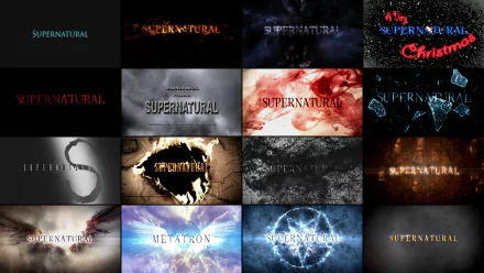 A collage of title cards from the TV show Supernatural, featuring various artistic styles and color schemes. This HD wallpaper captures the show's eerie and captivating essence.