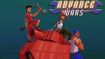 HD wallpaper of Andy, Sami, and Max from Advance Wars, standing on a red tank with the game's logo in the background.