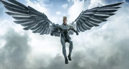 Warren Worthington III, also known as Archangel from Marvel Comics, soars through the clouds with his striking metallic wings in this HD wallpaper from X-Men: Apocalypse.