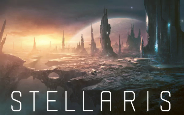 HD desktop wallpaper for Stellaris featuring an alien landscape with towering structures under a dome on a distant planet.