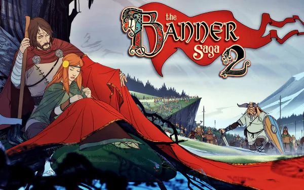 HD desktop wallpaper featuring characters and scenic artwork from The Banner Saga 2 video game.