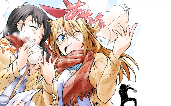 HD PC desktop wallpaper featuring Raku Ichijō, Kosaki Onodera, and Chitoge Kirisaki from the anime Nisekoi in a lively, colorful scene.