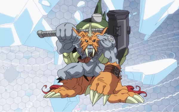 HD anime desktop wallpaper featuring a powerful Digimon character from Digimon Adventure Tri in a dynamic pose against a futuristic icy hexagonal background.