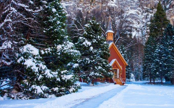 Religious Chapel Winter Snow Tree HD Wallpaper | Background Image