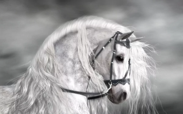 A majestic white horse with flowing mane, captured in a high-definition image, serves as an elegant desktop wallpaper and background, conveying grace and beauty.