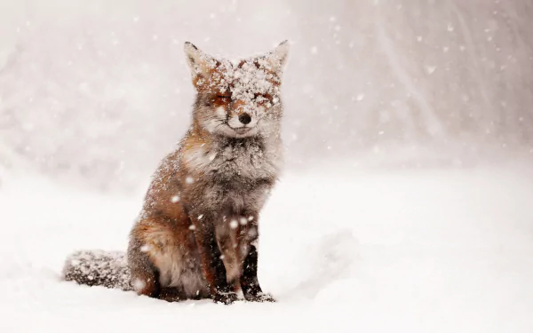 Red fox sitting in a snowy winter landscape with falling snowflakes, captured in HD quality for a vivid PC desktop wallpaper.