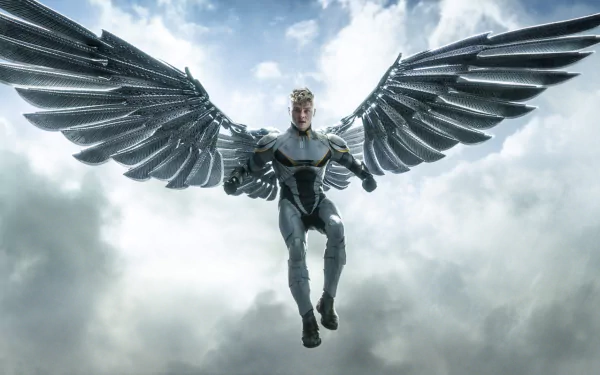 Warren Worthington III, also known as Archangel from Marvel Comics, soars through the clouds with his striking metallic wings in this HD wallpaper from X-Men: Apocalypse.