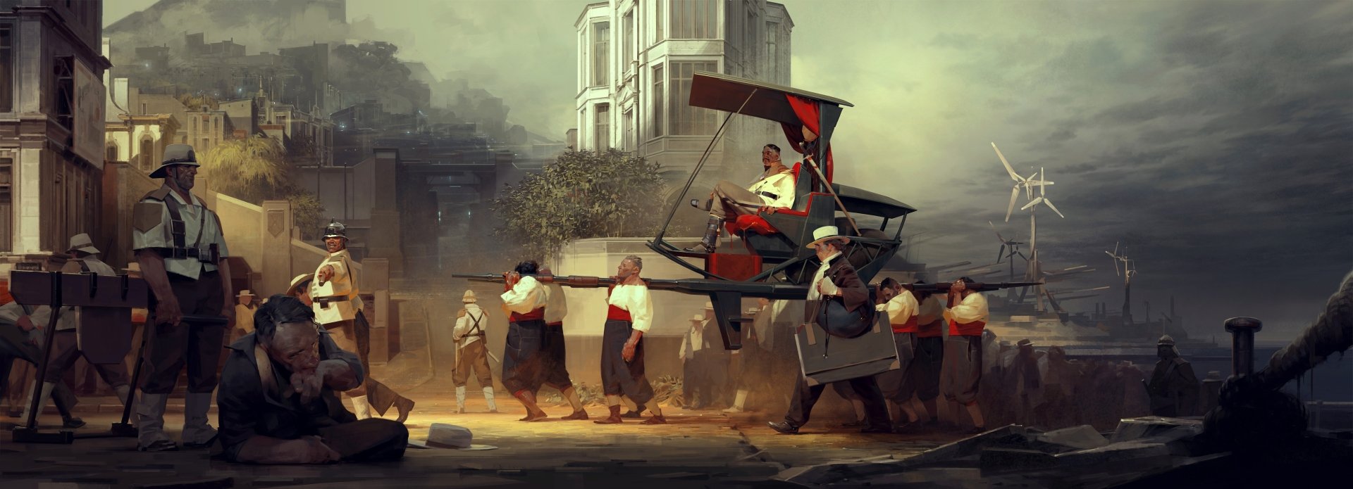 Dishonored 2 video game 2K Quad HD PC desktop wallpaper and background: steampunk procession carrying a cloaked passenger in a red palanquin against a foggy industrial cityscape.
