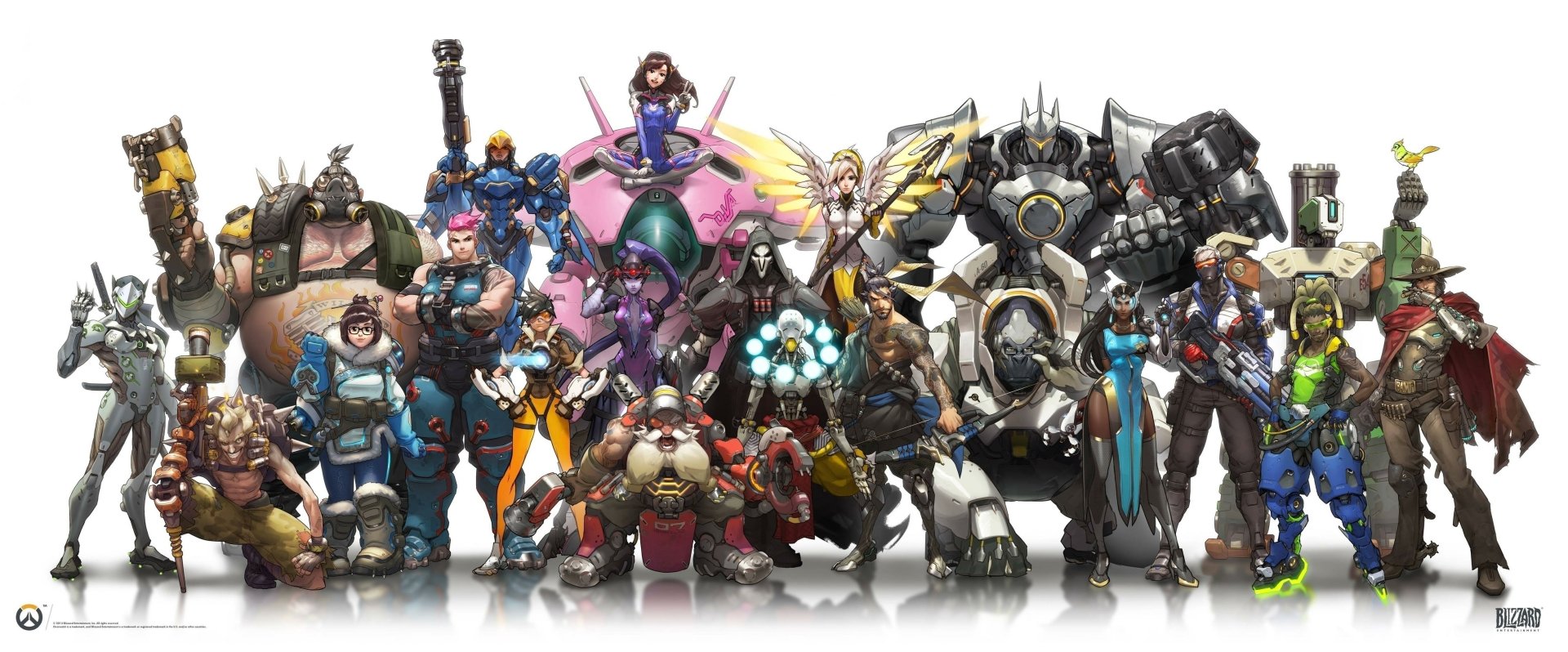 HD desktop wallpaper featuring various characters from the video game Overwatch, standing in a group with white background.