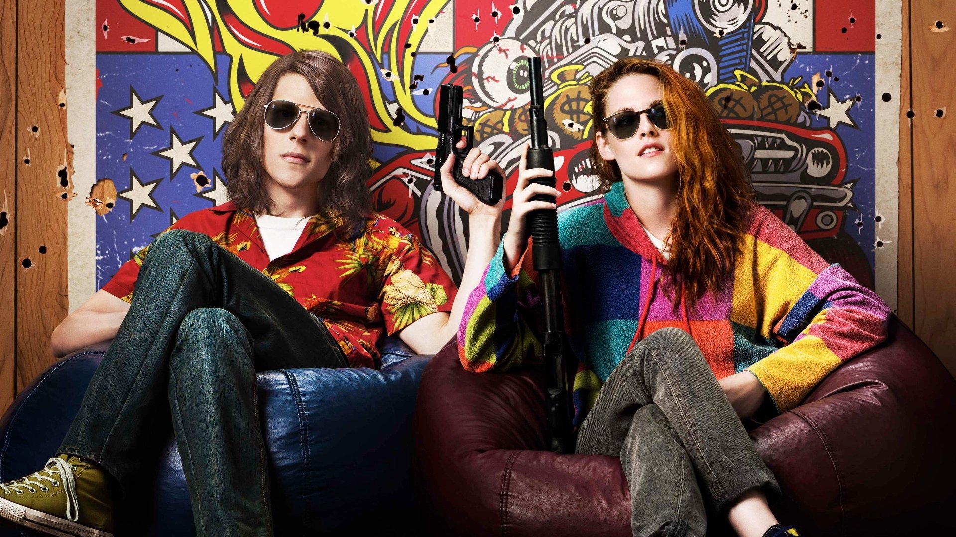HD PC desktop wallpaper background from the movie American Ultra: two young adults in sunglasses seated on couches, one holding a gun before a colorful comic-style backdrop.