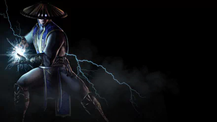 HD wallpaper of Raiden from Mortal Kombat X, featuring glowing eyes and lightning effects, set against a dark background, highlighting his iconic hat and powerful stance.
