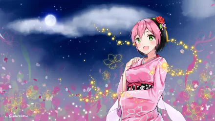 A vibrant 4K Ultra HD wallpaper featuring an anime character in a kimono against a whimsical background, inspired by the video game Osu!, with flowers and magical lights.