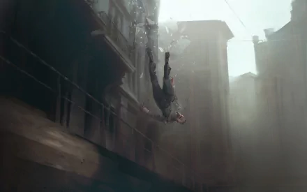 Dishonored 2 video game 2K Quad HD PC desktop wallpaper: masked figure falling headfirst through a foggy, narrow city chasm between towering, dilapidated buildings.