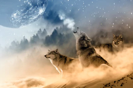 A stunning HD fantasy wallpaper featuring three wolves howling under a glowing moon, surrounded by mist and a mystical forest backdrop.