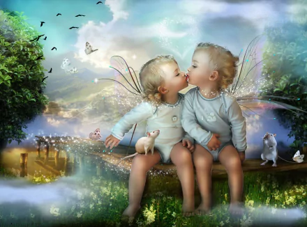 HD fantasy PC desktop wallpaper featuring two fairy children with delicate wings sharing a kiss on a wooden bridge surrounded by animals and a dreamy landscape.