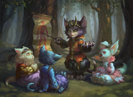 Fantasy-themed HD PC desktop wallpaper featuring an anthropomorphic cat dressed as a sorcerer, surrounded by three attentive animal companions in an enchanted forest.