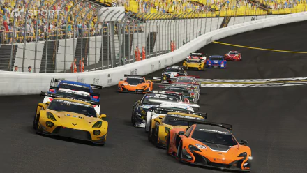 HD PC desktop wallpaper from the video game Gran Turismo Sport: a close-packed field of GT race cars battling on a bright oval circuit with grandstands and trackside officials.