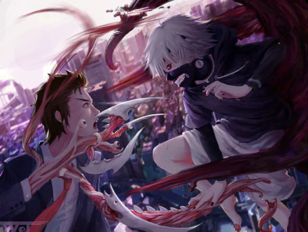 HD desktop wallpaper featuring an intense crossover battle between Shinichi Izumi and Ken Kaneki from different anime series, set against a vibrant and chaotic background.