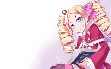 HD desktop wallpaper featuring Beatrice from the anime Re:Zero - Starting Life in Another World, holding a book with a pensive expression against a clean, minimalistic background.