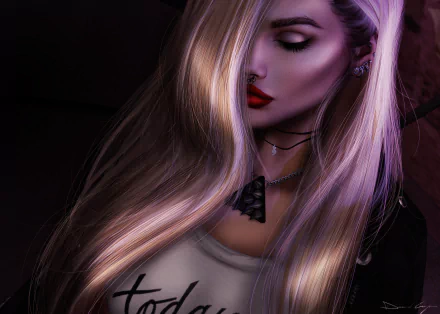 HD fantasy desktop wallpaper of a blonde woman with flowing hair, dramatic red lipstick, and subtle purple lighting creating a mysterious, ethereal atmosphere.